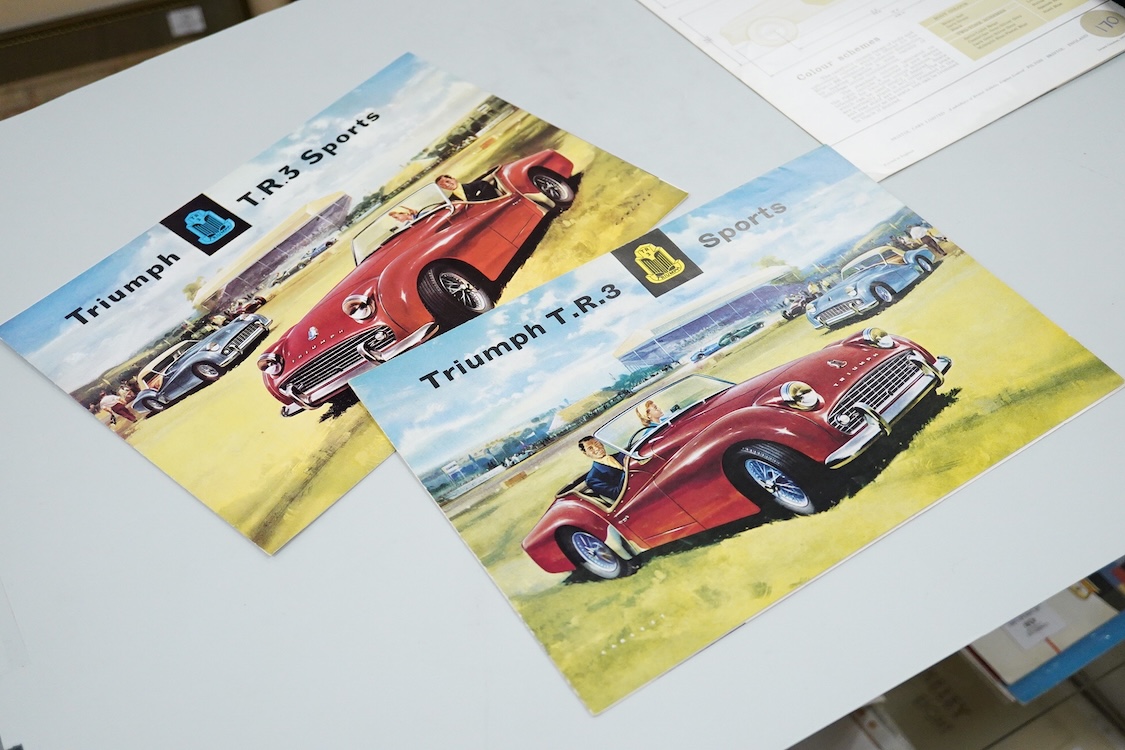 Four 1950s and 1960s motor car manufacturer’s brochures; the Bristol, the Austin Healey Sprite Mk.II (produced 1961-64), and two Triumph T.R.3 Sports (produced 1955-1962)